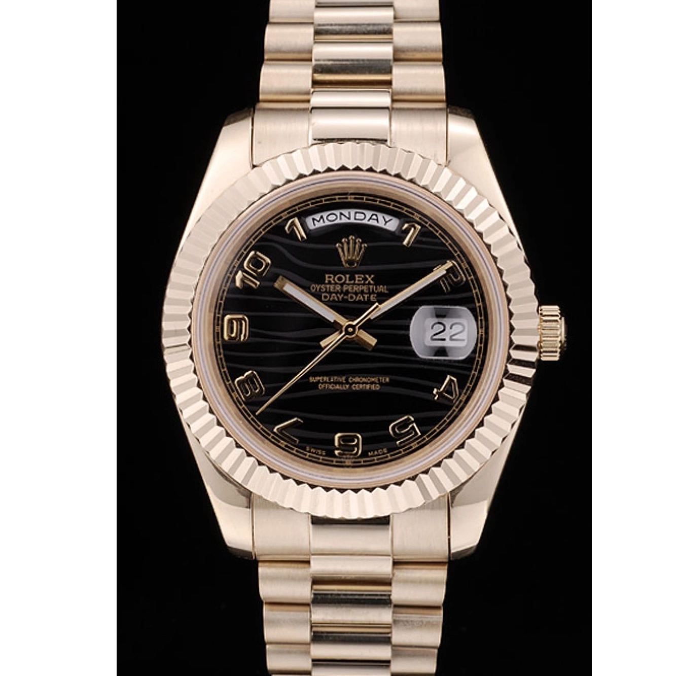 Stainless Steel Gold Rolex Dial Patterned Black DayDate Strap 41980 0815
